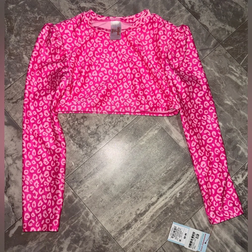 Cat & Jack Girls Pink Leopard Long Sleeve Rash Guard Crop Top Size L 10/12